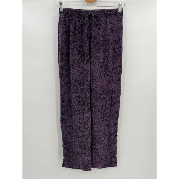 Peruvian Connection Silk Lounge Pants Sz 4 Purple Black Printed Straight Leg - Picture 1 of 4